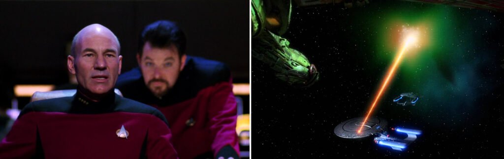 Kurzrezension: "Star Trek: Strange New Worlds" – 4x10 "Tomorrow’s Enterprise" 2 Captain Picard (Patrick Stewart) und seine Enterprise-D beschützt in "Yesterday's Enterprise" (TNG 3x15) die Enterprise-C, damit diese in die Raumverzerrung zurückkehren und die ursprüngliche Zeitlinie wieder herstellen kann (Szenenfoto: Mavin Rush/CBS Studios).