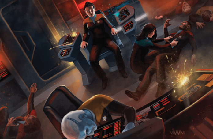Star Trek Rollenspiele Illustration, das eine Kampfszene auf einer Raumschiff Brücke zeigt