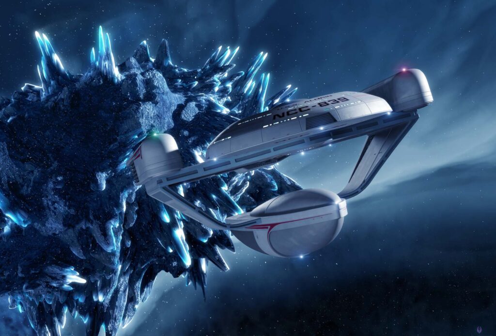 Raumschiff der Oberth-Klasse vor Asteroid in "Star Trek Adventures"