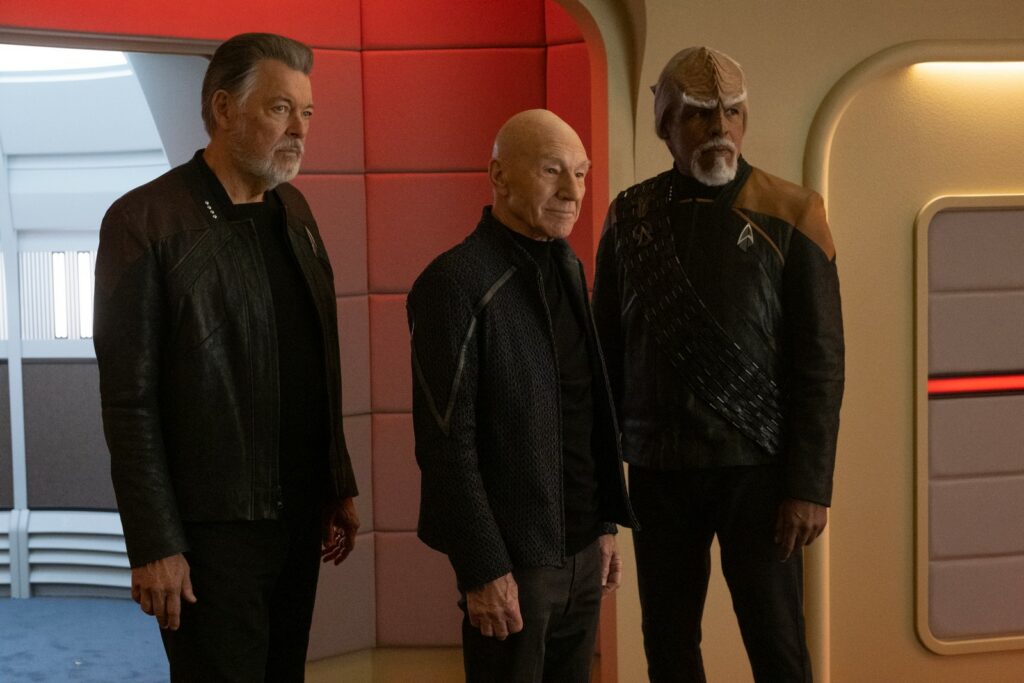 Riker, Picard und Worf in "The Last Generation" (Szenenphoto: Paramount)