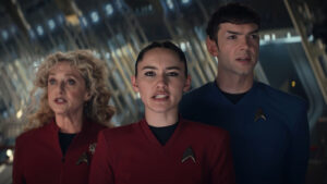 "Star Trek: Strange New Worlds", Musical-Episode (2x09), Pelia, La'an, Spock (Bild: Paramount+)
