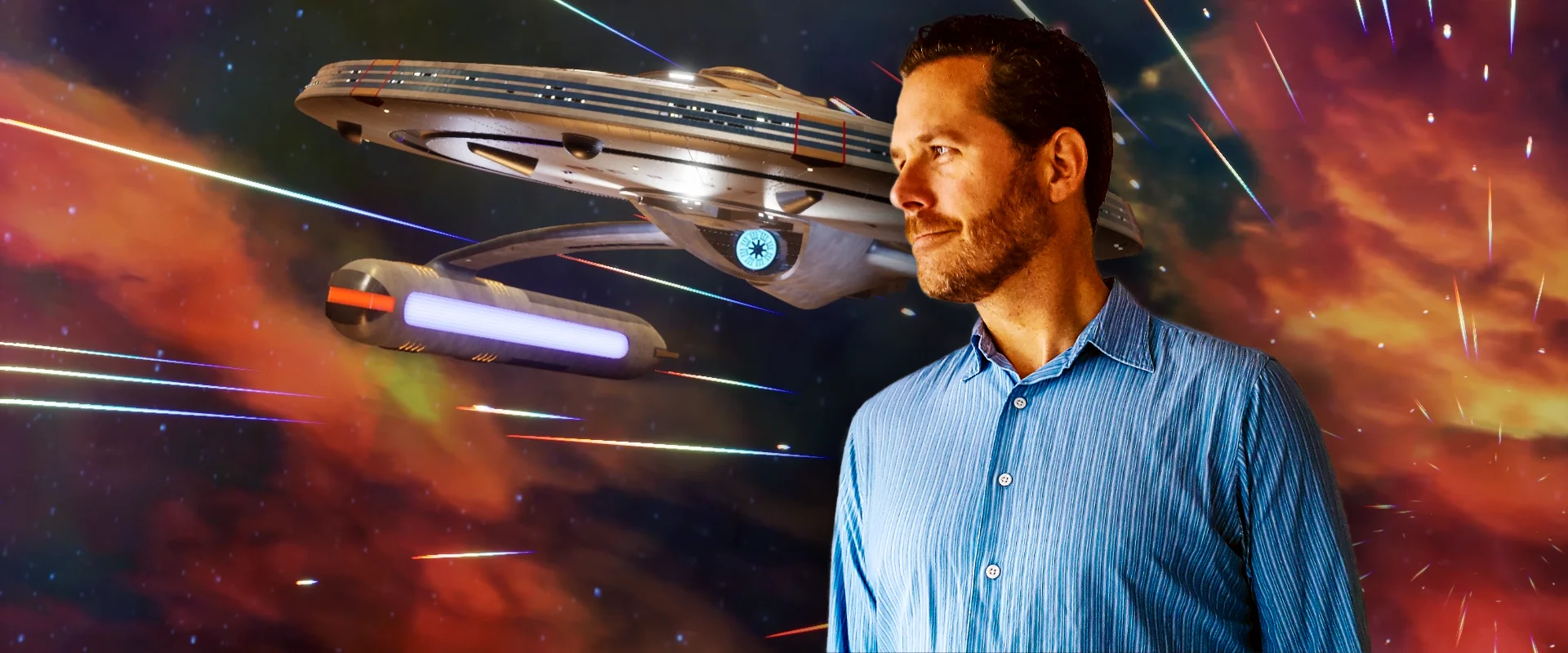 Andrew Grant in front of the U.S.S. Resolute from "Star Trek: Resurgence" (Photo: Andrew Grant, Screenshot & Collage: TrekZone Network)