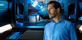 “Star Trek: Resurgence” – Interview mit Autor Andrew Grant (Teil 2) Andrew Grant and the Engineering Room of the U.S.S. Resolute from "Star Trek: Resurgence" (Photo: Andrew Grant, Screenshot: Dramatic Labs, Collage: TrekZone Network)