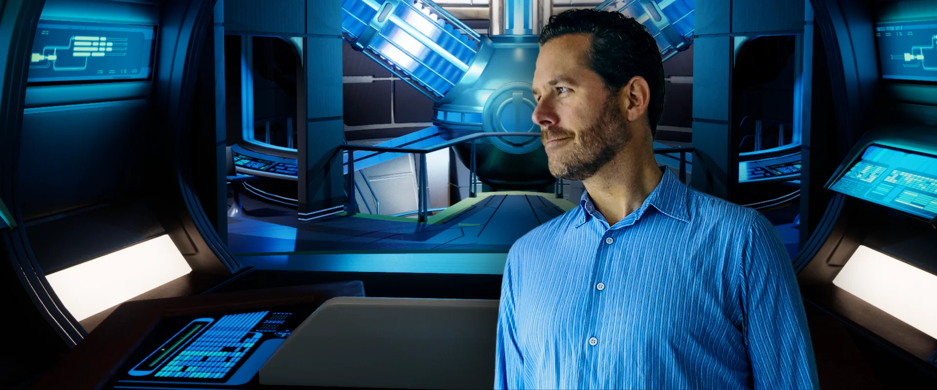 Andrew Grant and the Engineering Room of the U.S.S. Resolute from "Star Trek: Resurgence" (Photo: Andrew Grant, Screenshot: Dramatic Labs, Collage: TrekZone Network)